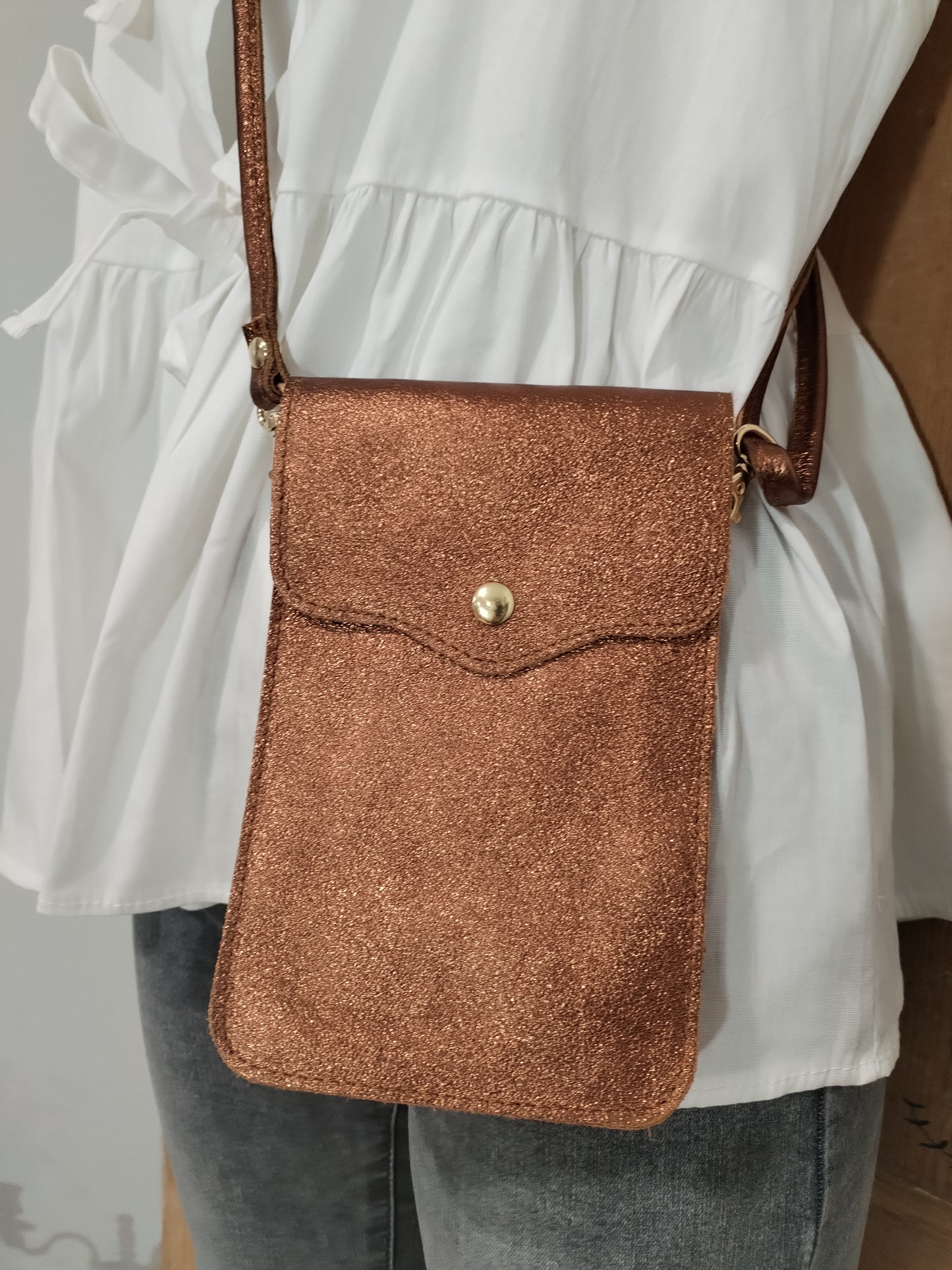 Sac pochette téléphone cuir véritable Camel